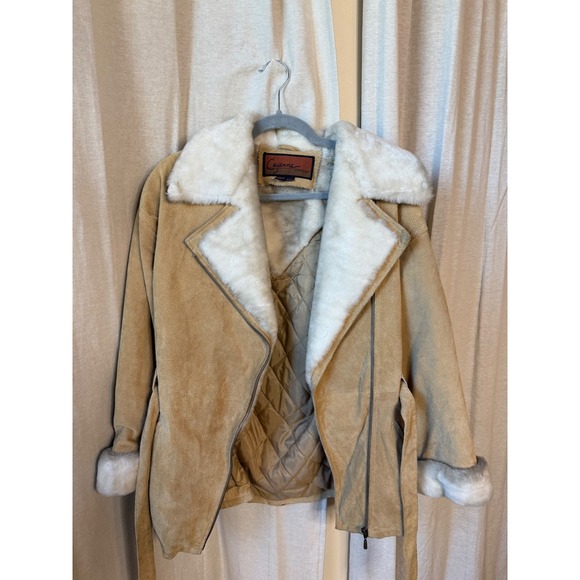 Cayenne Jackets & Blazers - Y2K Vtg Leather Fur Trim Tan Suede Belted Jacket Coat Small‎